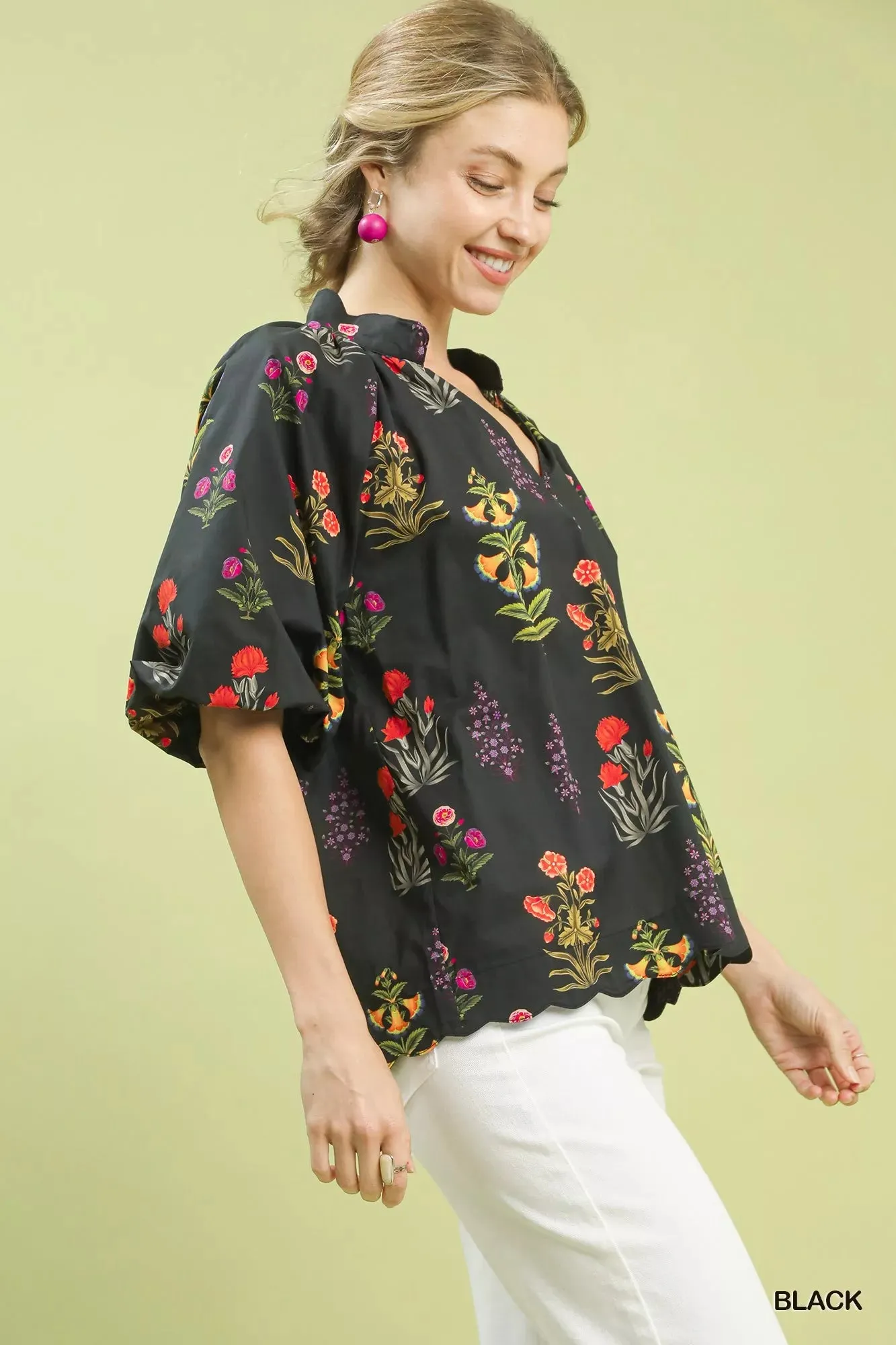Umgee Floral Print Puff Sleeve Scallop Hem Blouse sold by Charming Charlie product image thumbnail 2