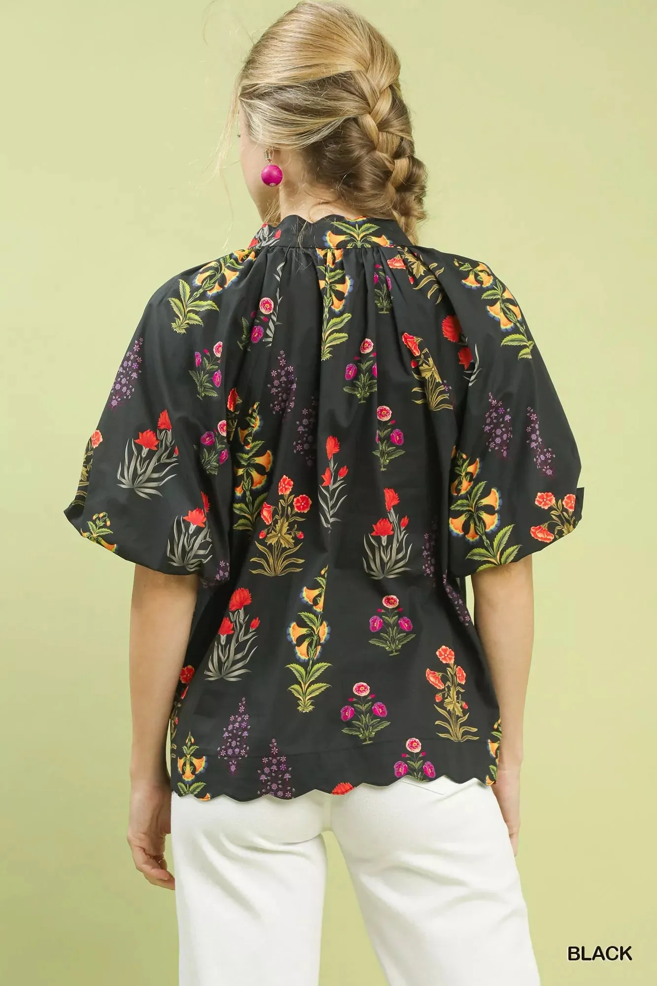 Umgee Floral Print Puff Sleeve Scallop Hem Blouse sold by Charming Charlie product image thumbnail 3