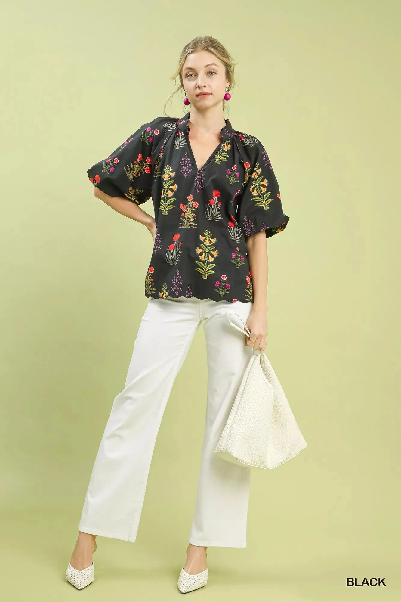 Umgee Floral Print Puff Sleeve Scallop Hem Blouse sold by Charming Charlie product image thumbnail 4