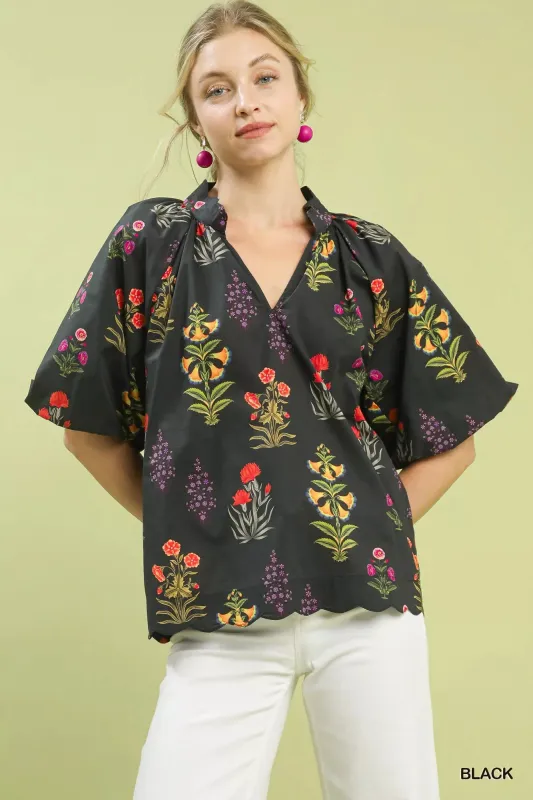 Umgee Floral Print Puff Sleeve Scallop Hem Blouse sold by Charming Charlie