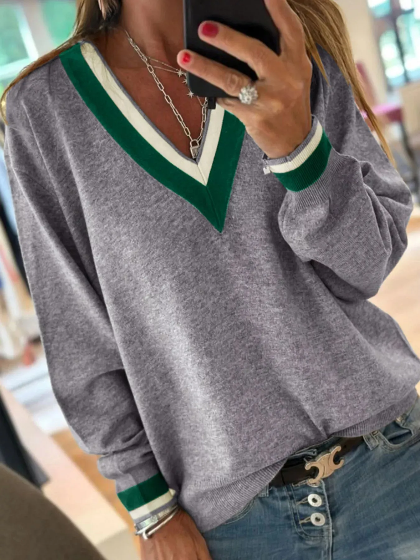 Contrast Striped Trim V Neck Varsity Sweater sold by Charming Charlie product image thumbnail 2