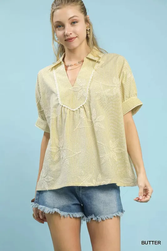 Umgee Striped Embroidered Blouse with Scallop Trim made by Trendsi