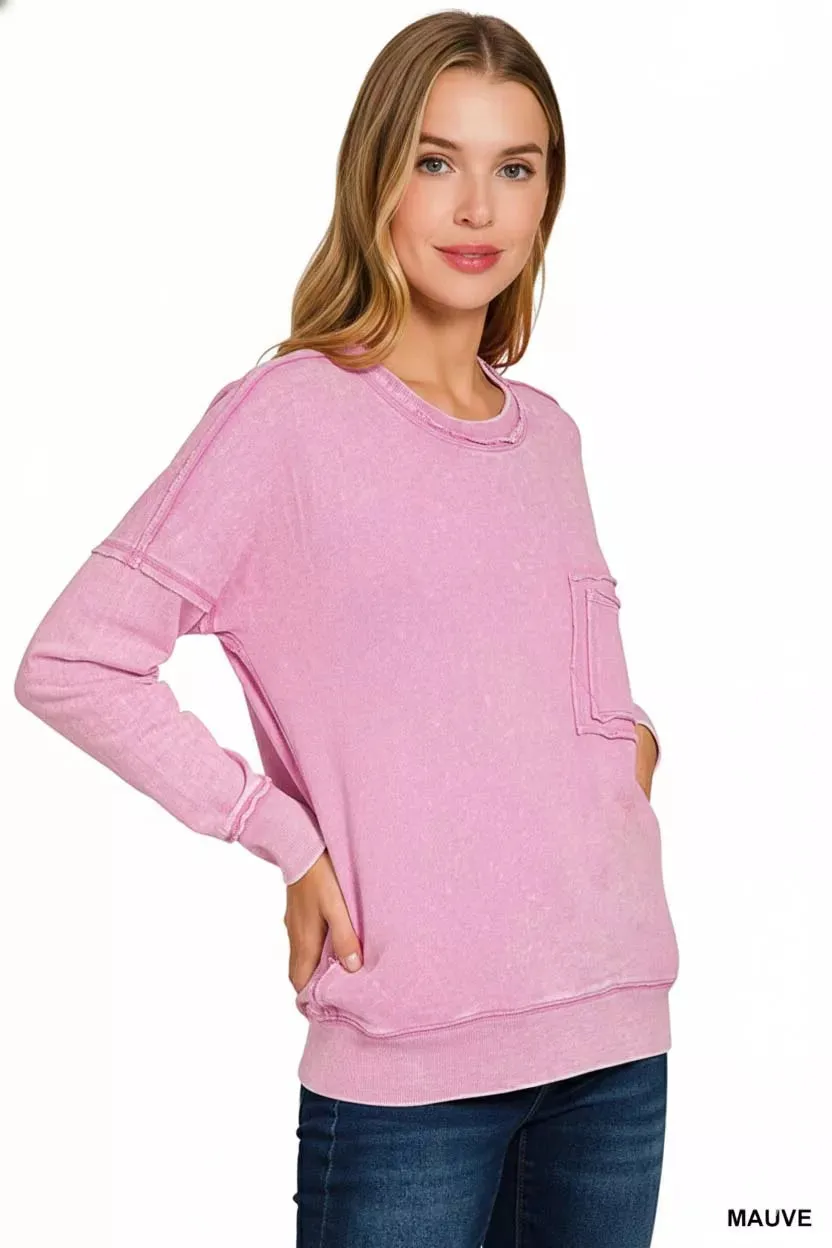 Zenana French Terry Washed Raw Edge Front Pocket Pullover sold by Charming Charlie product image thumbnail 3