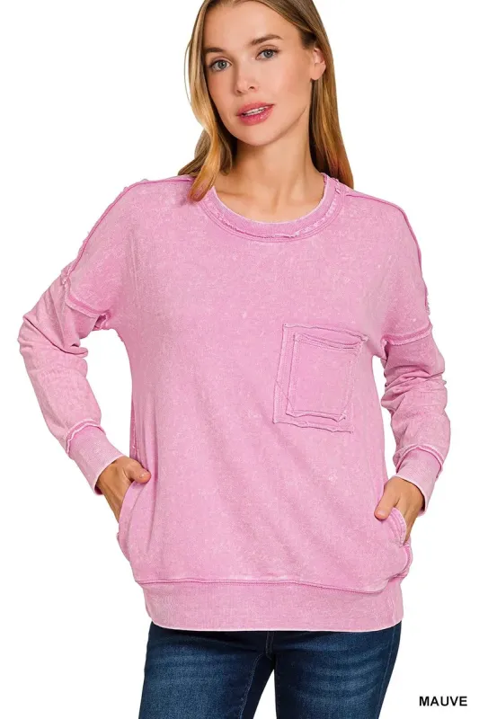 Zenana French Terry Washed Raw Edge Front Pocket Pullover sold by Charming Charlie