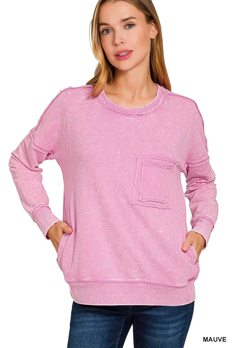 Zenana French Terry Washed Raw Edge Front Pocket Pullover sold by Charming Charlie