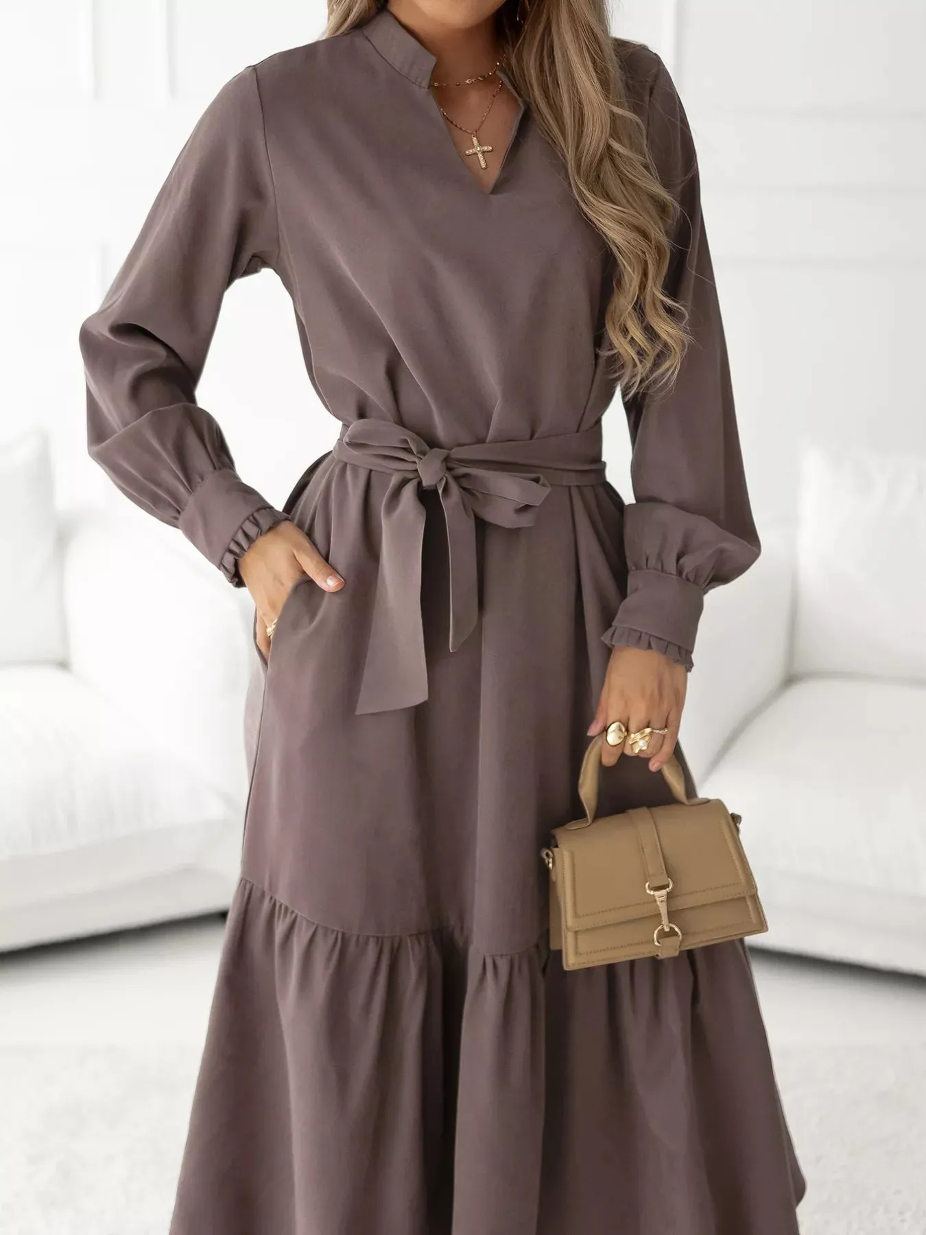 Long Sleeve Tie Waist Ruffle Hem Midi Dress sold by Charming Charlie product image thumbnail 4