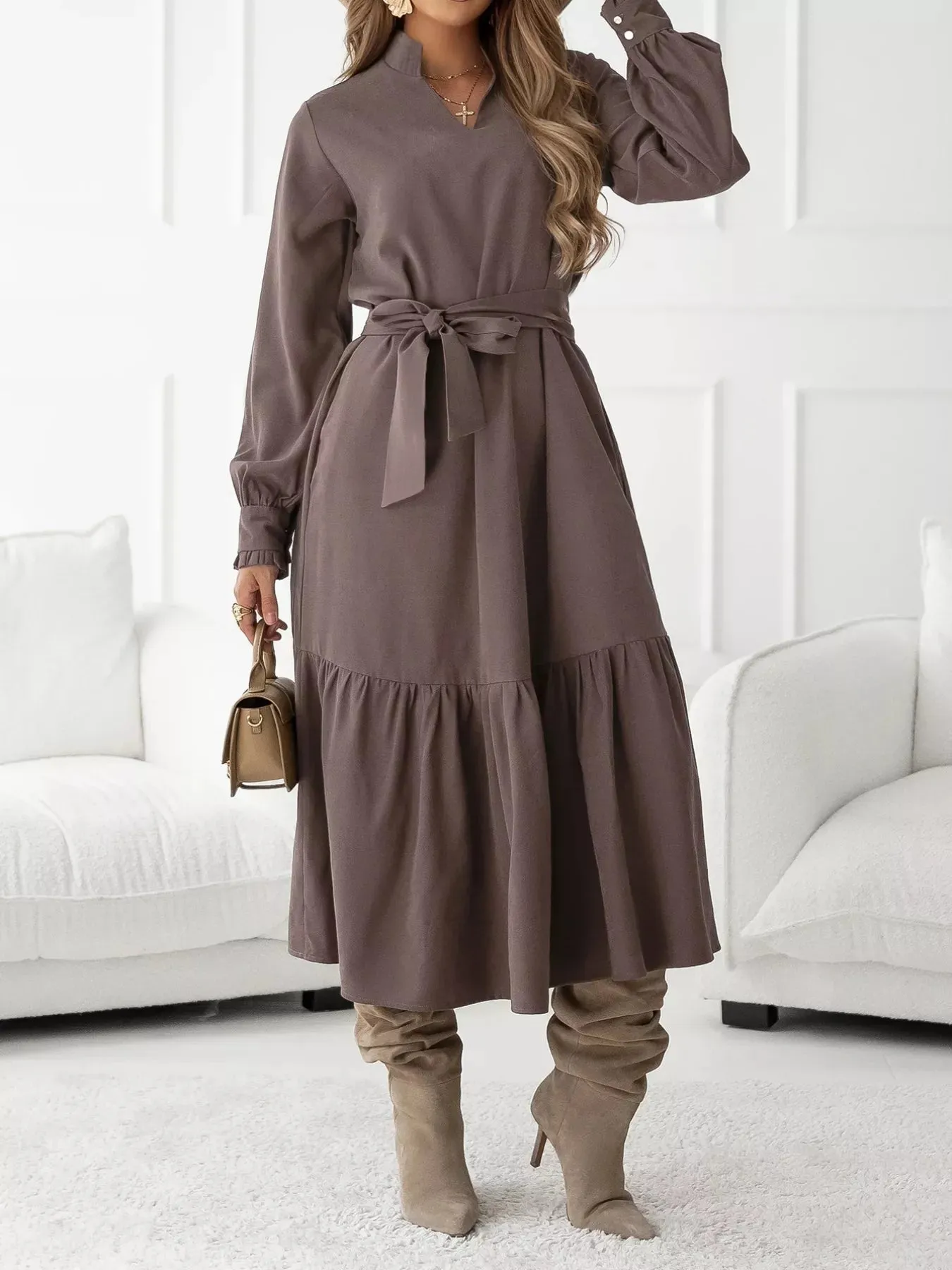 Long Sleeve Tie Waist Ruffle Hem Midi Dress sold by Charming Charlie