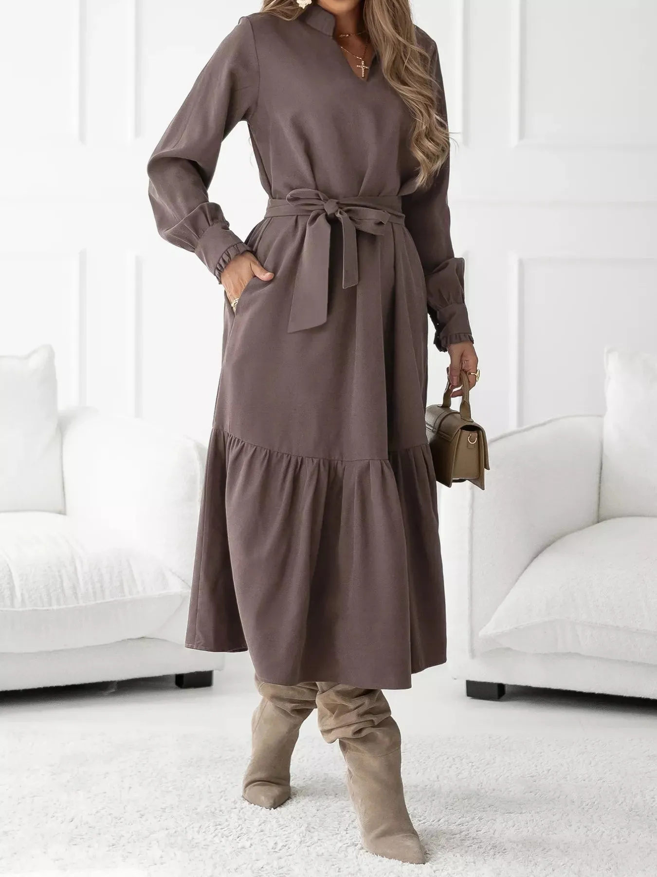 Long Sleeve Tie Waist Ruffle Hem Midi Dress sold by Charming Charlie product image thumbnail 2