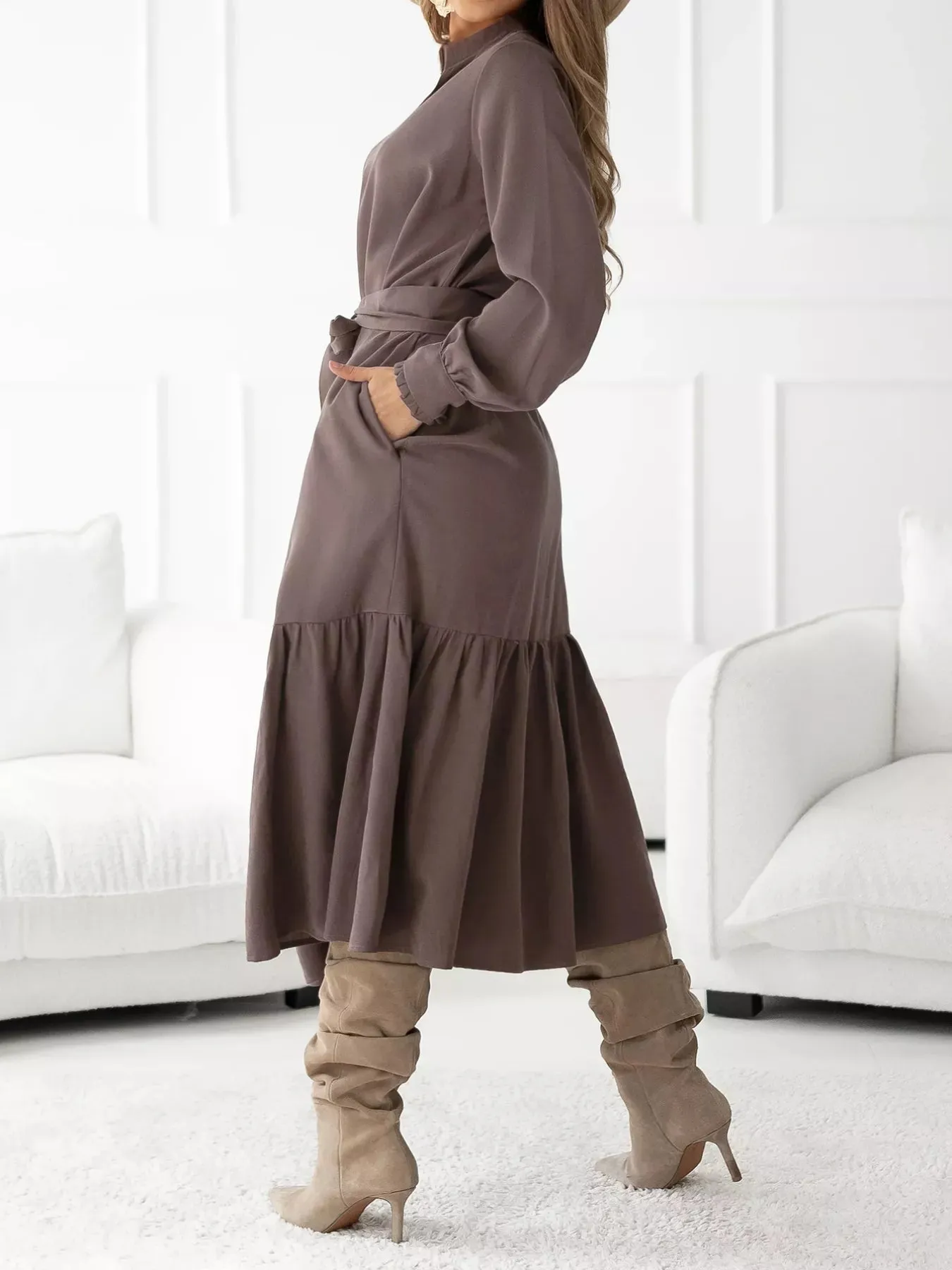 Long Sleeve Tie Waist Ruffle Hem Midi Dress sold by Charming Charlie product image thumbnail 3