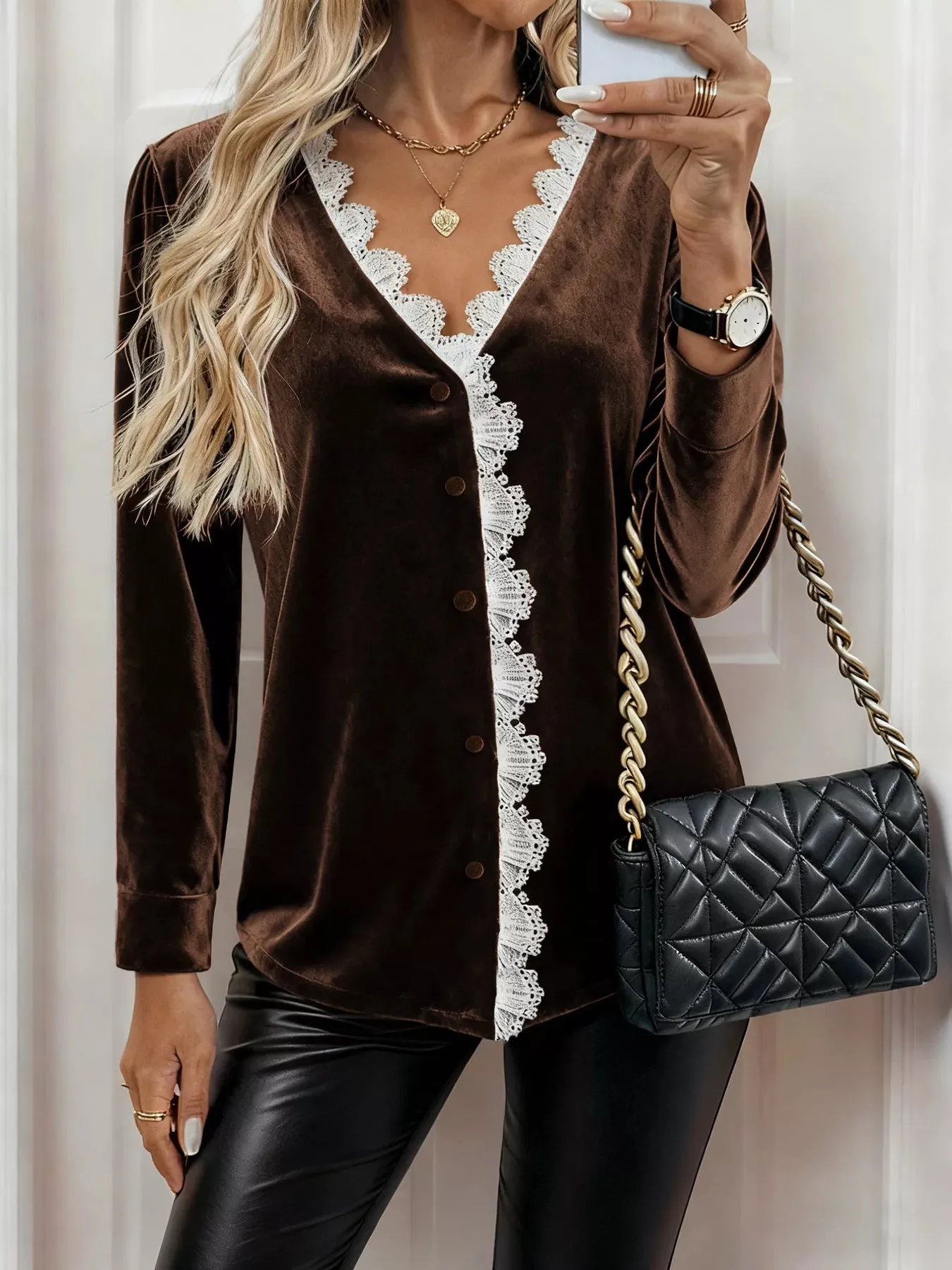 Lace Trim V-Neck Velvet Blouse sold by Charming Charlie product image thumbnail 5