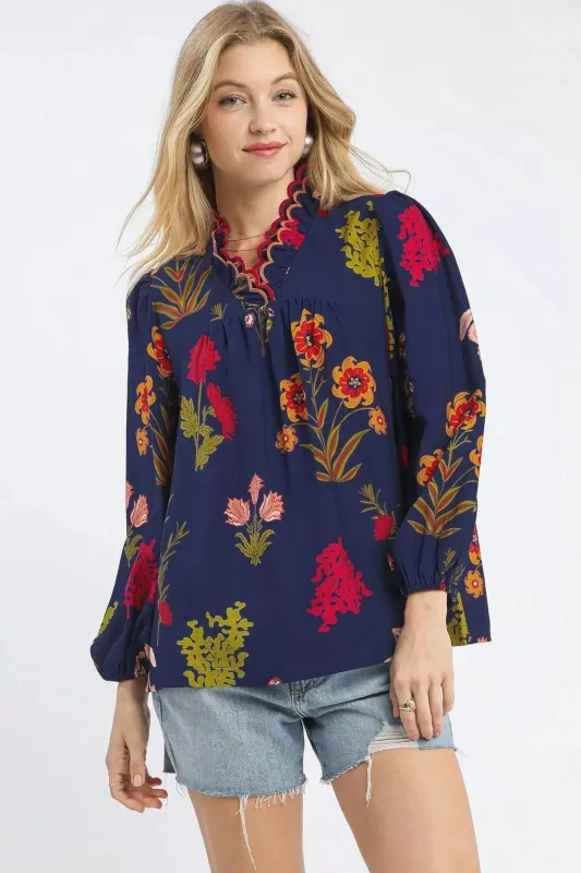 Umgee Flower Print Blouse with Scalloped Neckline sold by Charming Charlie