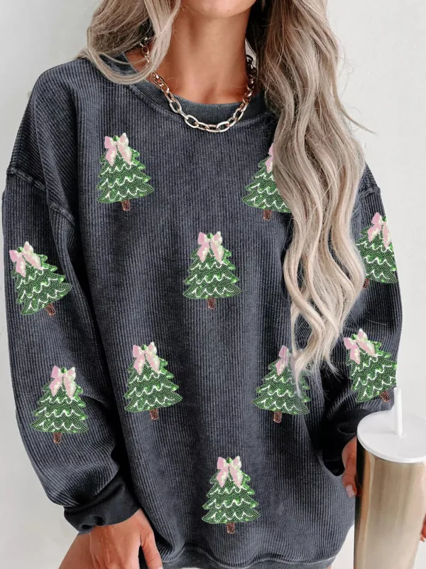 Ribbed Round Neck Sequin Christmas Tree Patched Baggy Sweatshirt sold by Charming Charlie