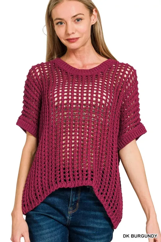 Zenana Fish Net Short Sleeve Crochet Knit Cover Up sold by Charming Charlie
