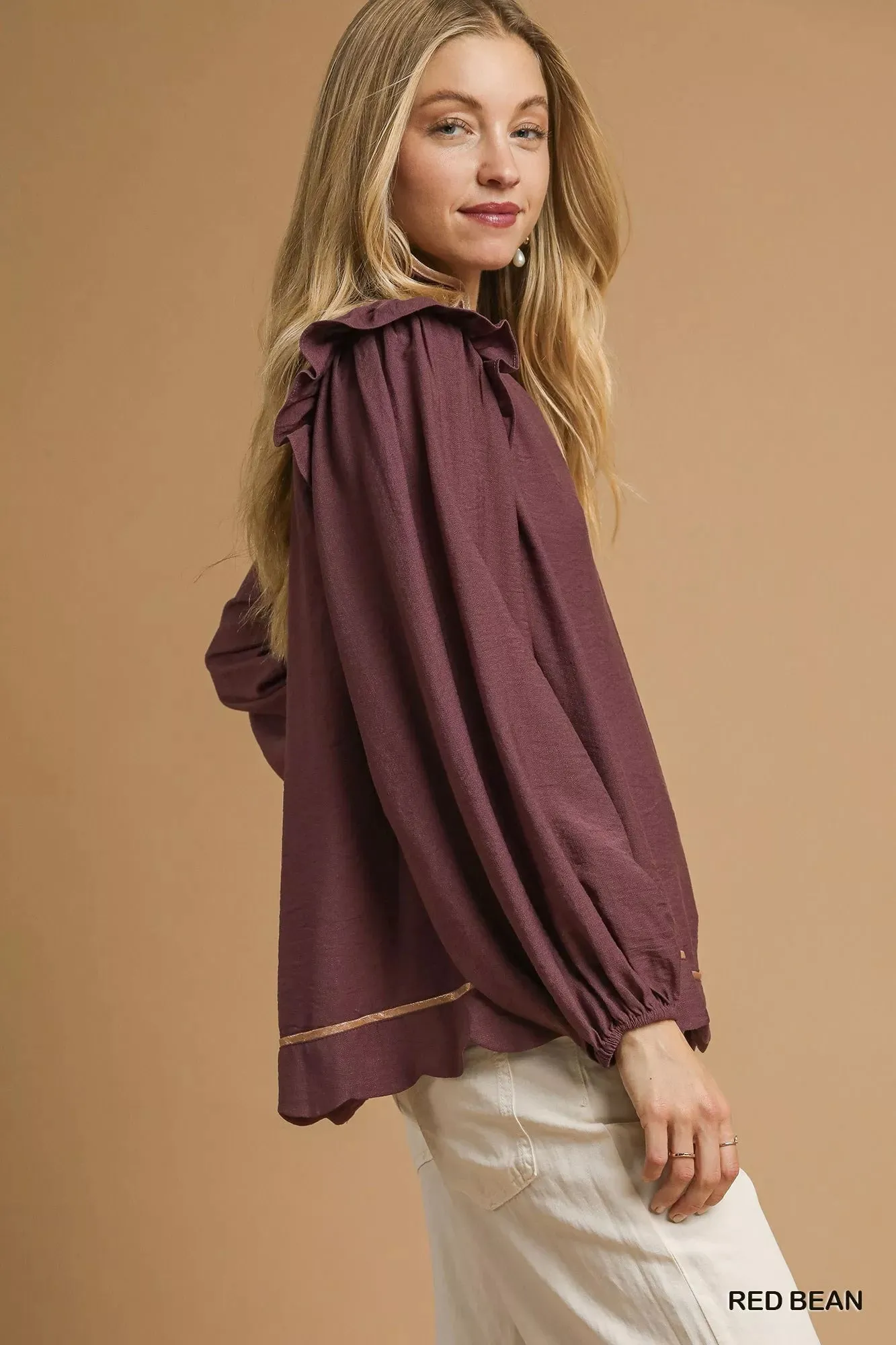 Umgee Ruffle Shoulder Long Sleeve Blouse sold by Charming Charlie product image thumbnail 2