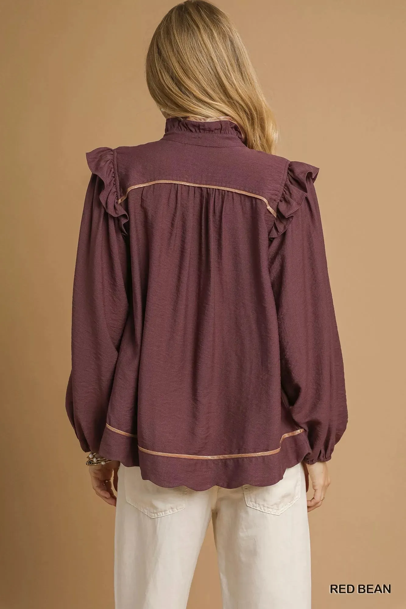 Umgee Ruffle Shoulder Long Sleeve Blouse sold by Charming Charlie product image thumbnail 3
