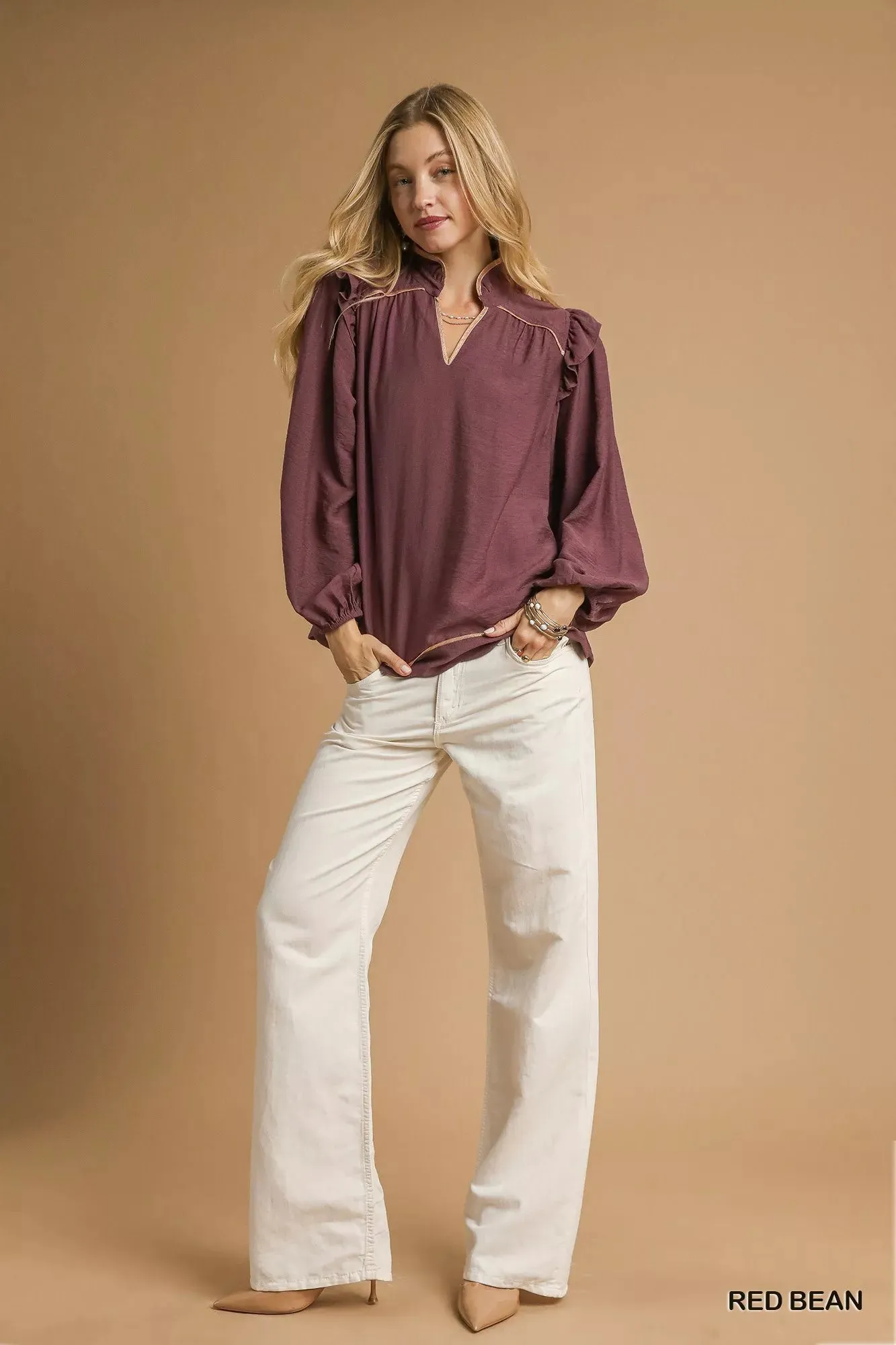 Umgee Ruffle Shoulder Long Sleeve Blouse sold by Charming Charlie product image thumbnail 4