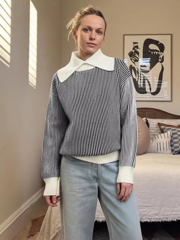 Striped Knit Sweater with Contrast Collar sold by Charming Charlie