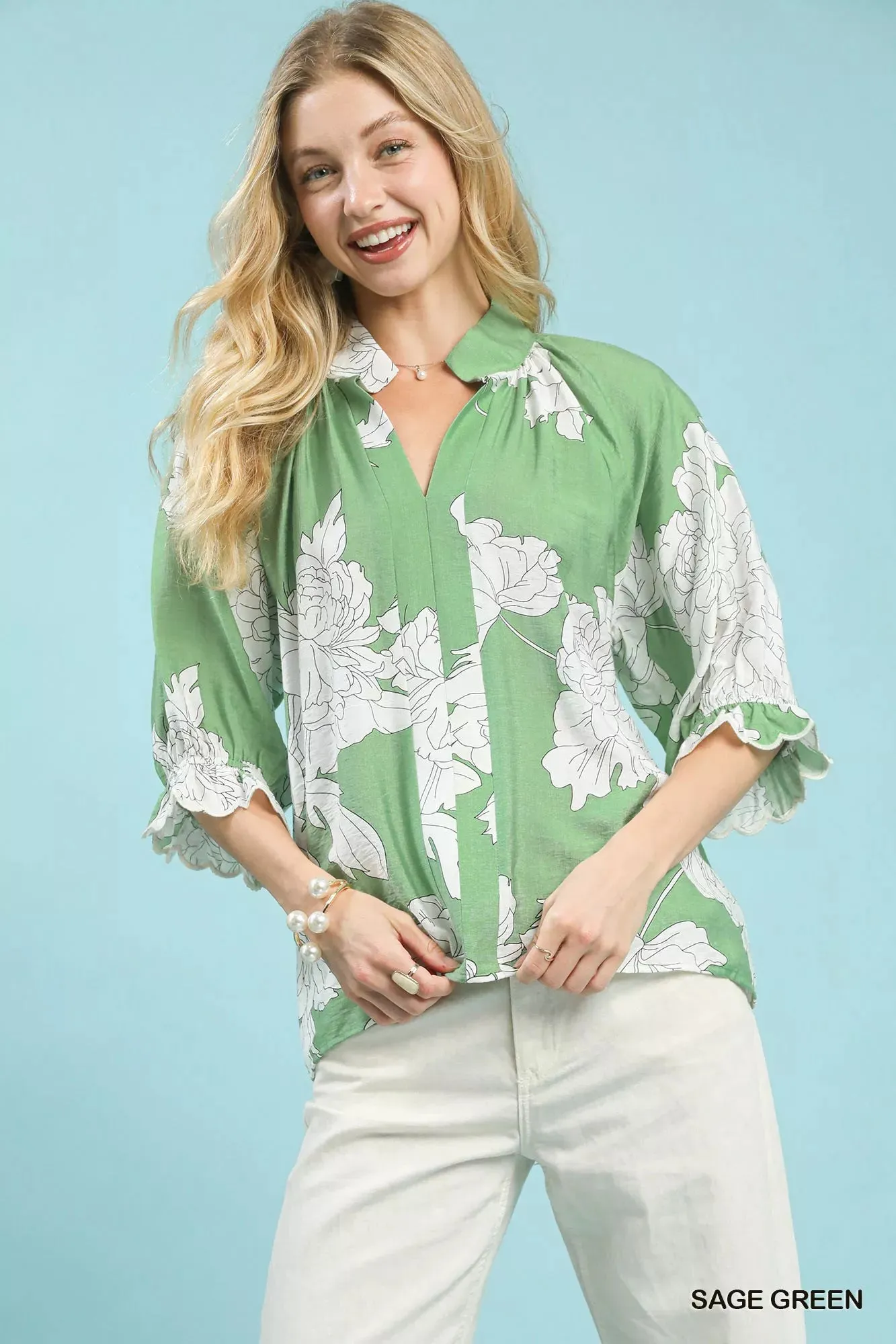 Umgee Peony Illustration Print Flounce Sleeve Blouse sold by Charming Charlie