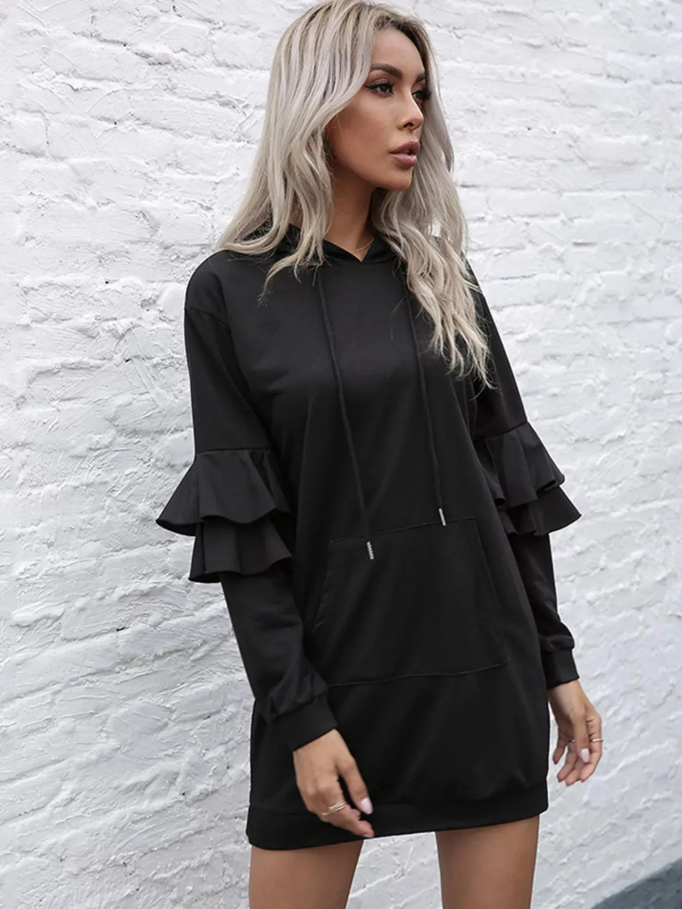Ruffle Long Sleeve Hooded Mini Dress sold by Charming Charlie product image thumbnail 5
