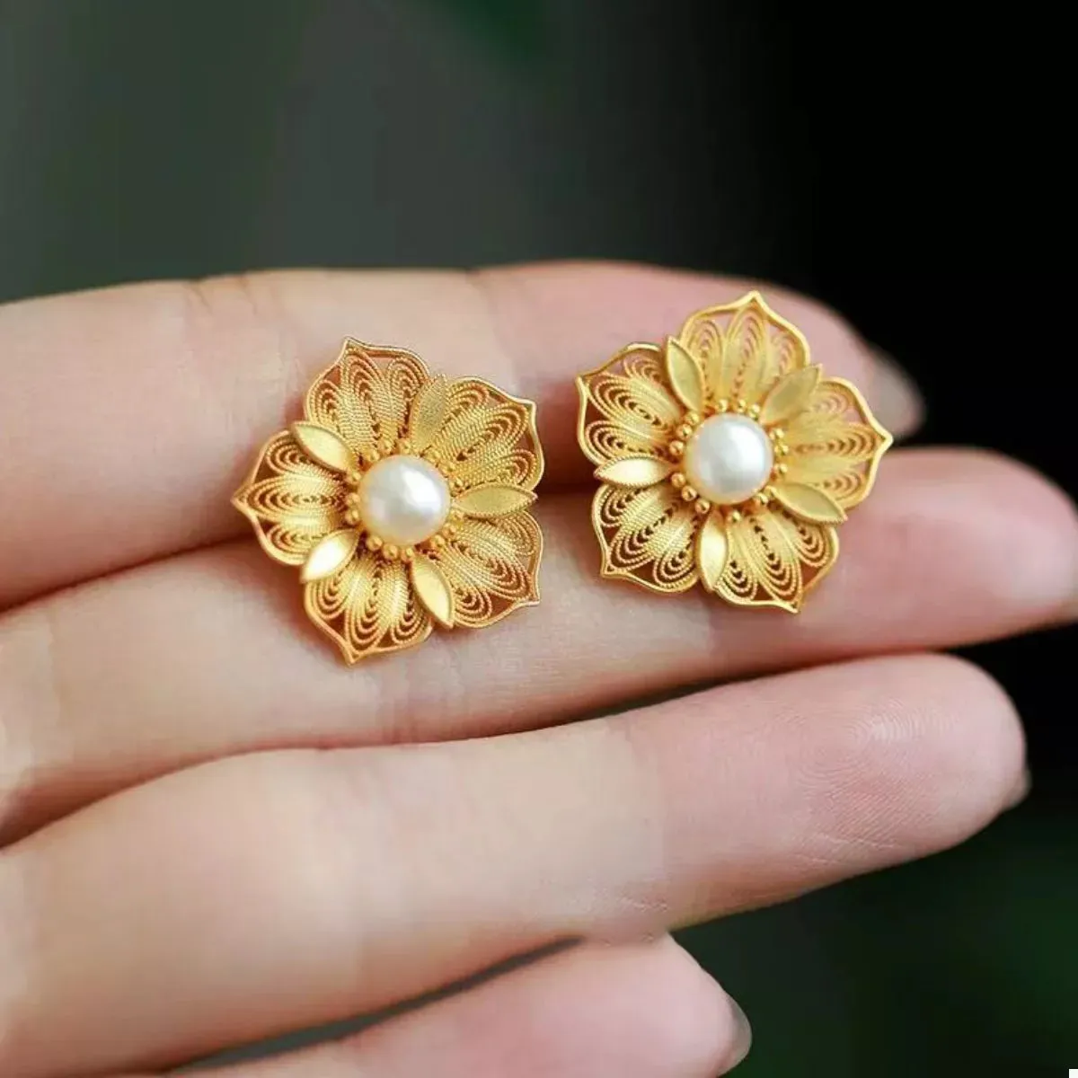 Floral Stud Earrings with Pearl Center sold by Charming Charlie product image thumbnail 3