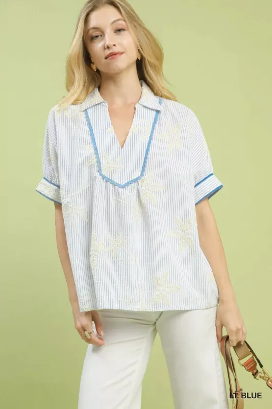 Umgee Striped Embroidered Blouse with Scallop Trim sold by Charming Charlie