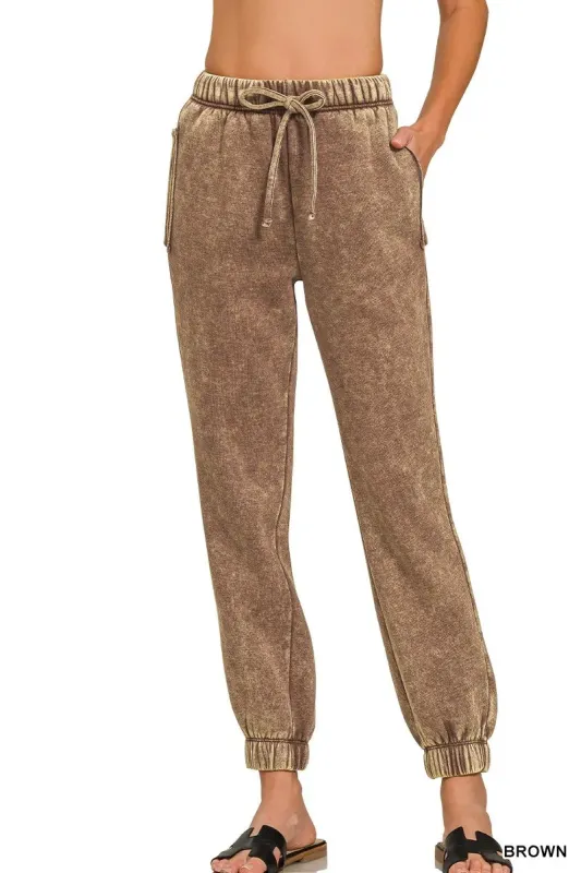 Zenana Acid Wash Fleece Sweatpants with Pockets sold by Charming Charlie