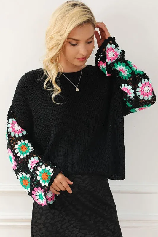 Black Floral Crochet Bell Sleeve Loose Sweater sold by Charming Charlie product image thumbnail 4