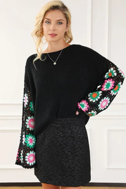 Black Floral Crochet Bell Sleeve Loose Sweater sold by Charming Charlie
