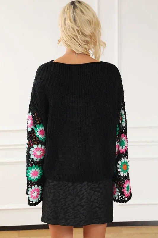 Black Floral Crochet Bell Sleeve Loose Sweater sold by Charming Charlie product image thumbnail 5