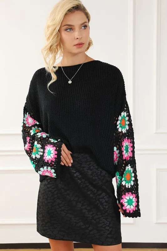 Black Floral Crochet Bell Sleeve Loose Sweater sold by Charming Charlie product image thumbnail 2