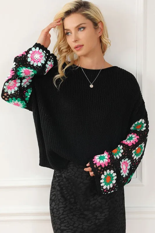 Black Floral Crochet Bell Sleeve Loose Sweater sold by Charming Charlie product image thumbnail 3