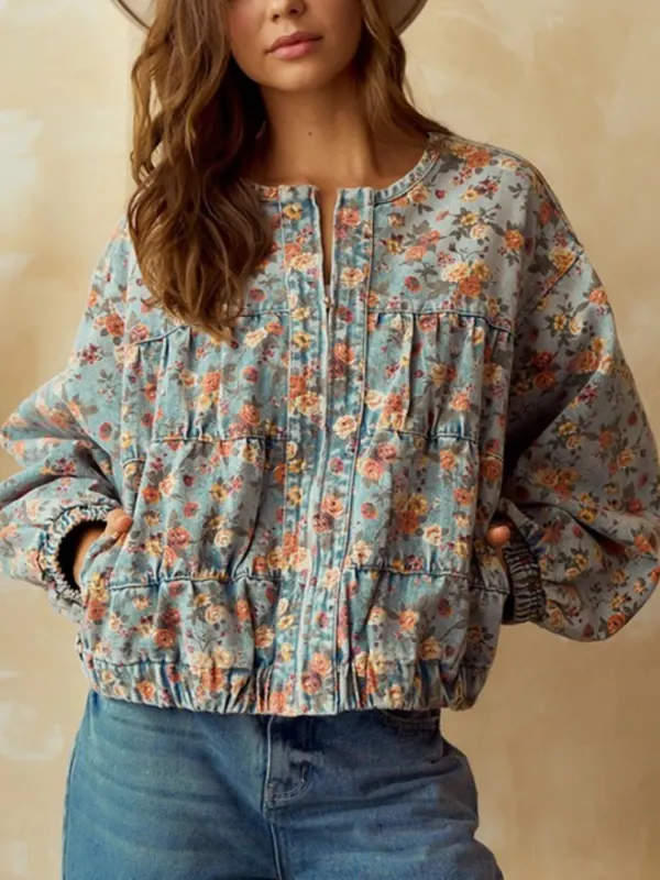Floral Print Zip Up Cropped Denim Jacket sold by Charming Charlie