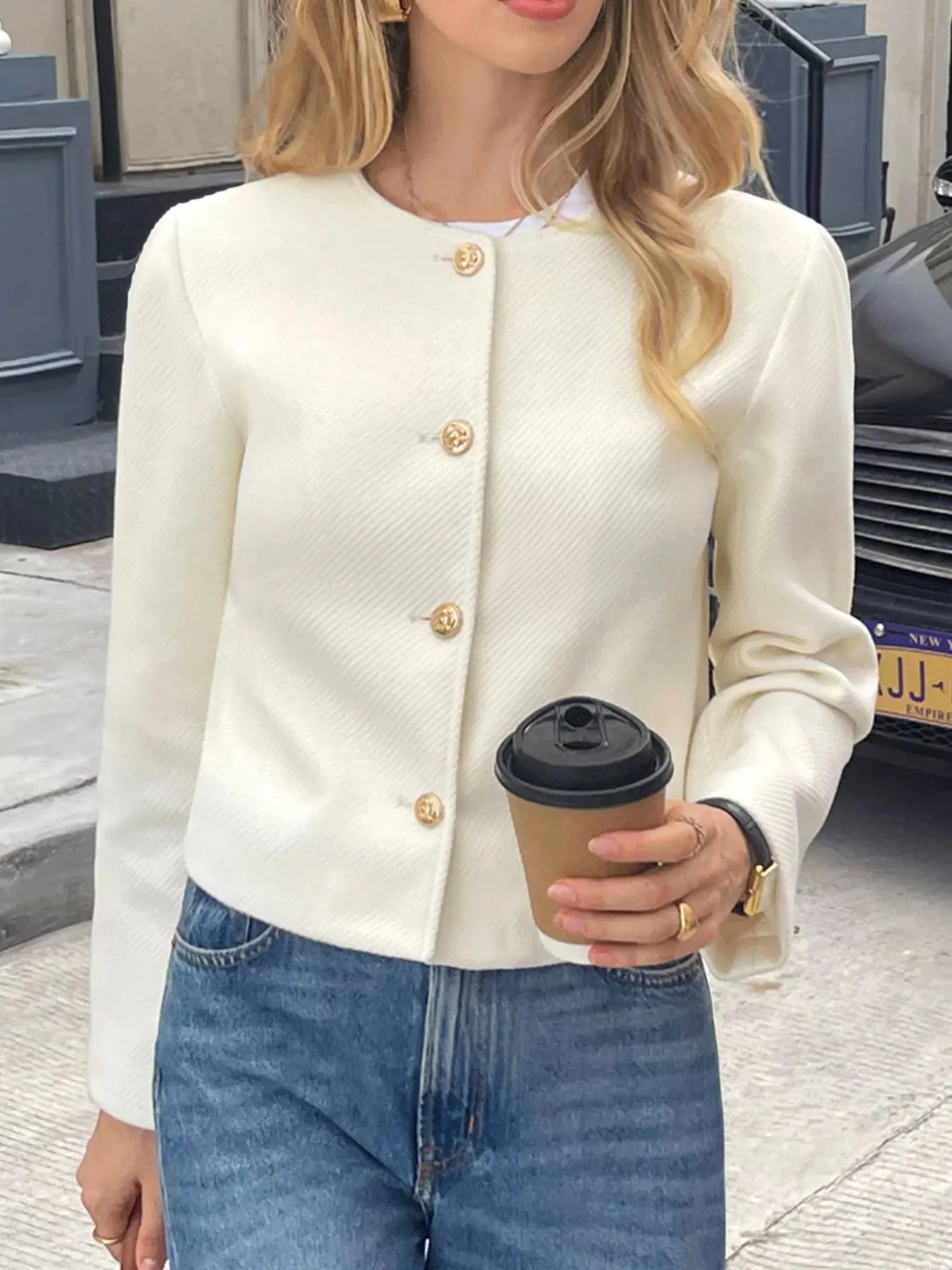 Textured Button-Down Cropped Jacket sold by Charming Charlie product image thumbnail 4