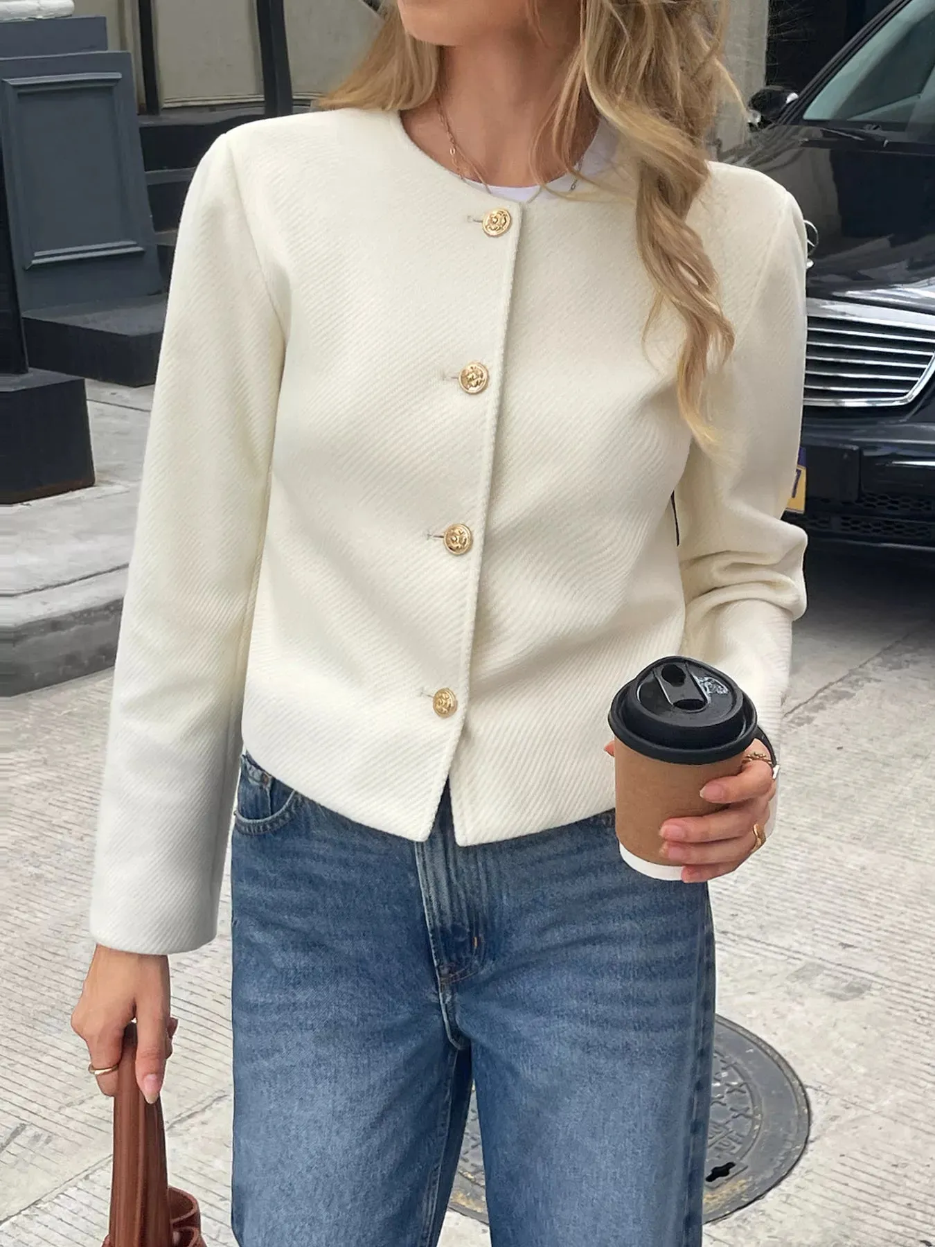 Textured Button-Down Cropped Jacket sold by Charming Charlie product image thumbnail 2