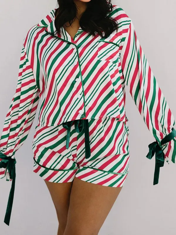 Stripe Contrast Velvet Ribbon Knot Christmas 2pcs Pajama Set sold by Charming Charlie