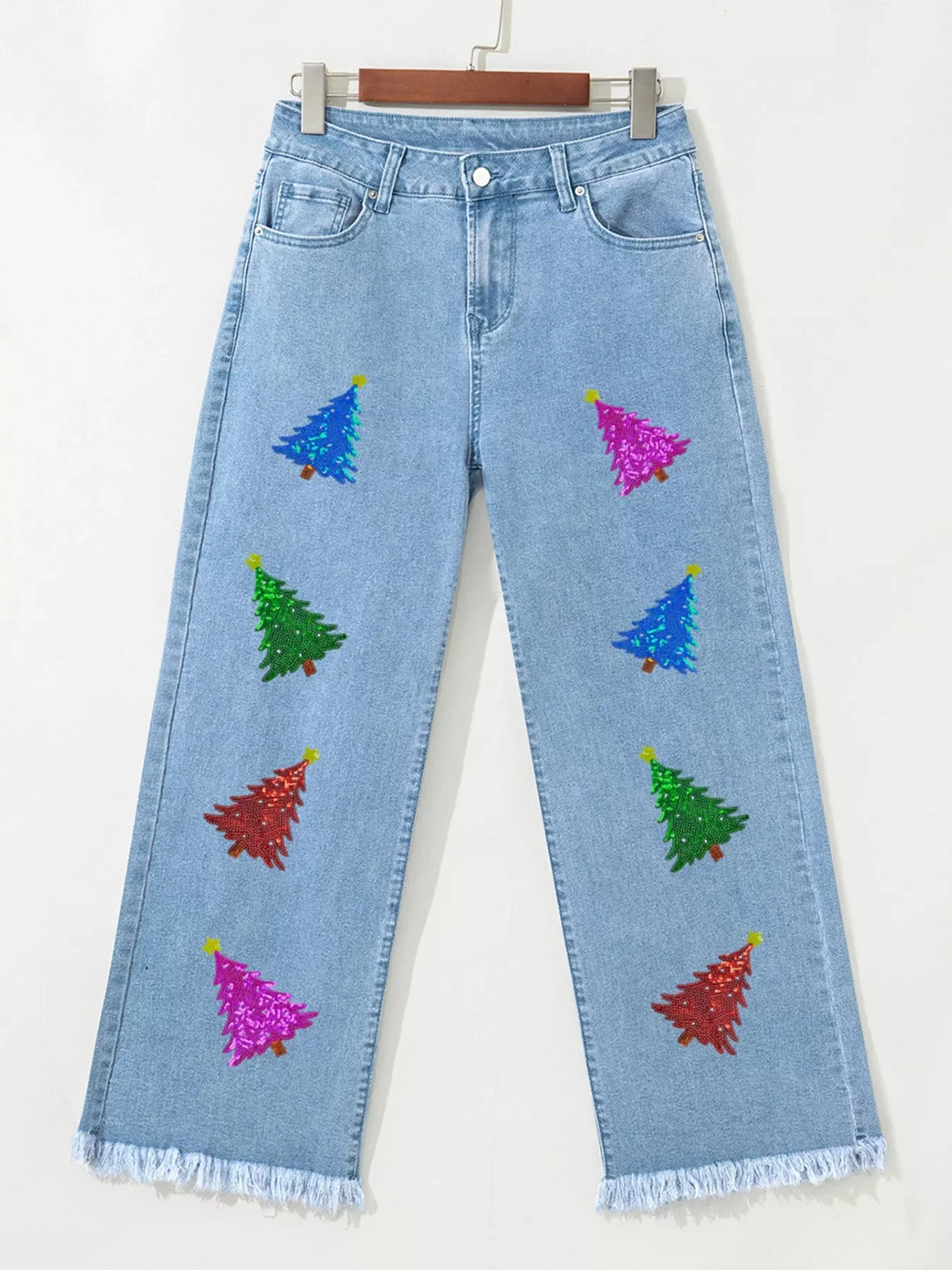 Colorful Sequin Christmas Tree Patched Raw Hem Cropped Wide Leg Jeans sold by Charming Charlie product image thumbnail 3
