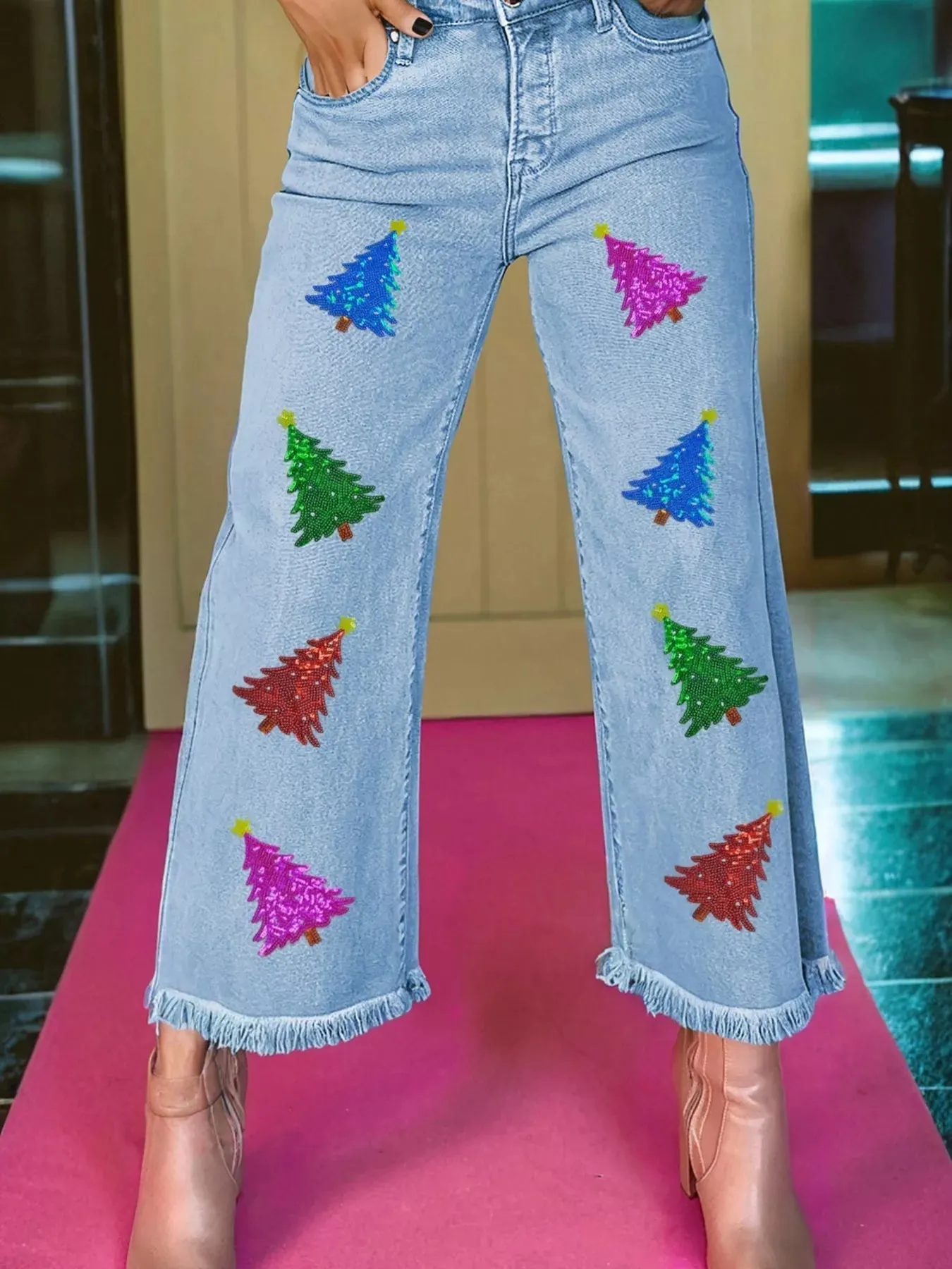 Colorful Sequin Christmas Tree Patched Raw Hem Cropped Wide Leg Jeans sold by Charming Charlie