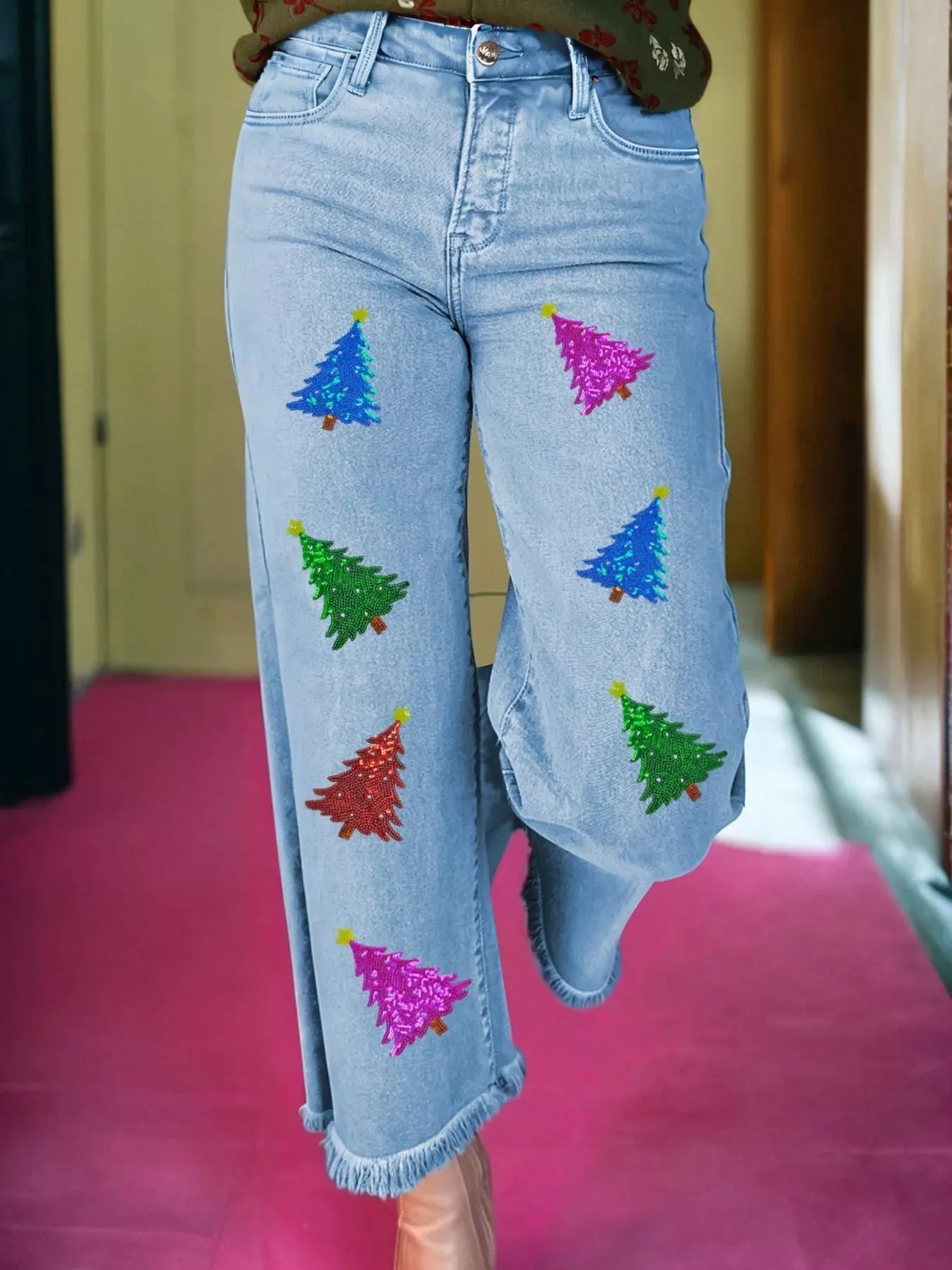 Colorful Sequin Christmas Tree Patched Raw Hem Cropped Wide Leg Jeans sold by Charming Charlie product image thumbnail 2