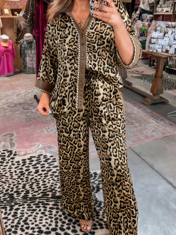 Leopard Collared 3/4 Sleeve Shirt and Loose Pants Two Piece Outfit Set made by Trendsi