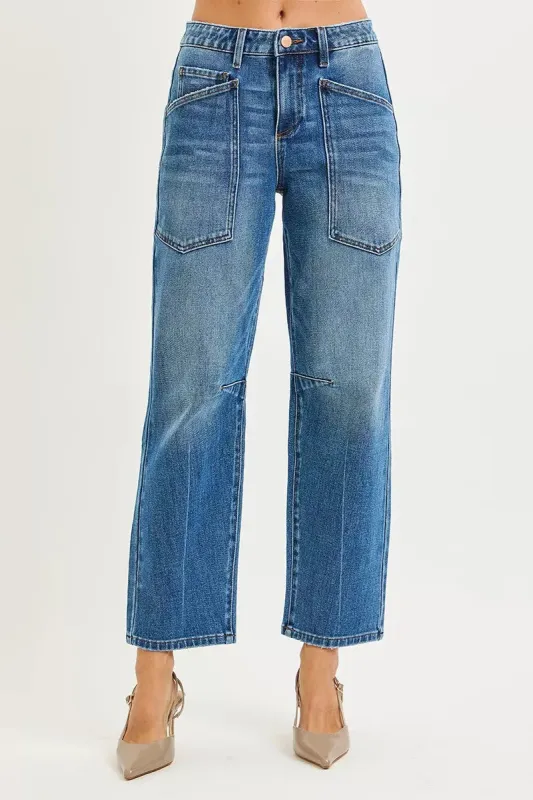 RISEN 4 Way Stretch Mid Rise Barrel Jeans with Patch Pocket Detail sold by Charming Charlie