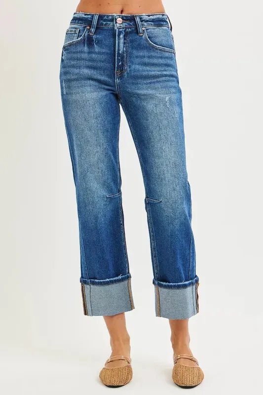 RISEN High Rise Straight Jeans with Distressed Hem sold by Charming Charlie