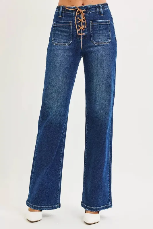 RISEN Full Size High Rise Wide Leg Jeans with Front Tie Detail Plus Size sold by Charming Charlie