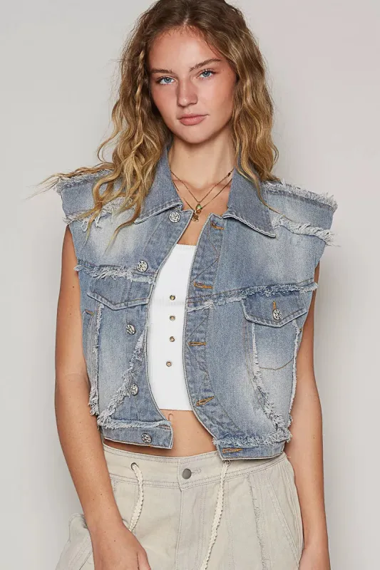 POL Assymetrical Front Closure Raw Hem Denim Vest sold by Charming Charlie