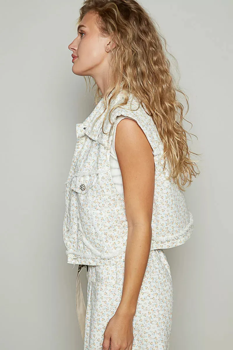 POL Assymetrical Front Closure Raw Hem Floral Denim Vest sold by Charming Charlie product image thumbnail 3