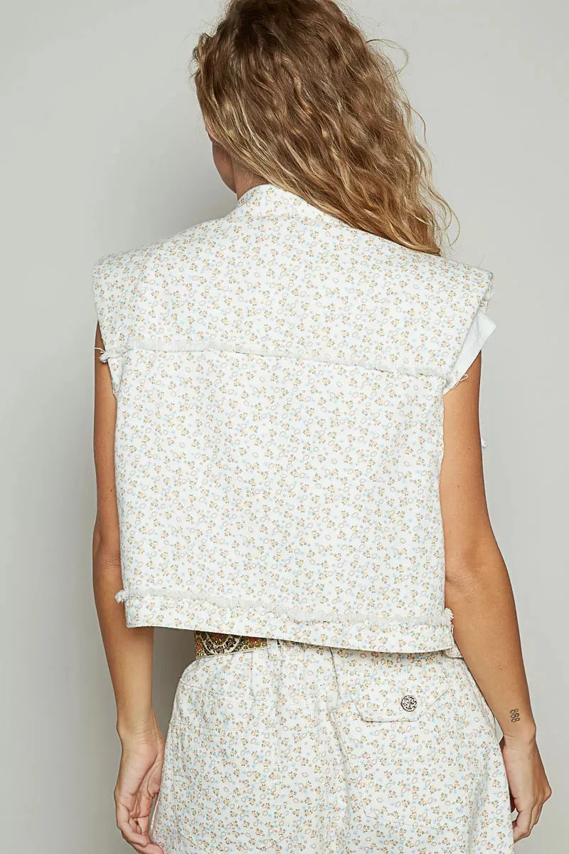 POL Assymetrical Front Closure Raw Hem Floral Denim Vest sold by Charming Charlie product image thumbnail 4