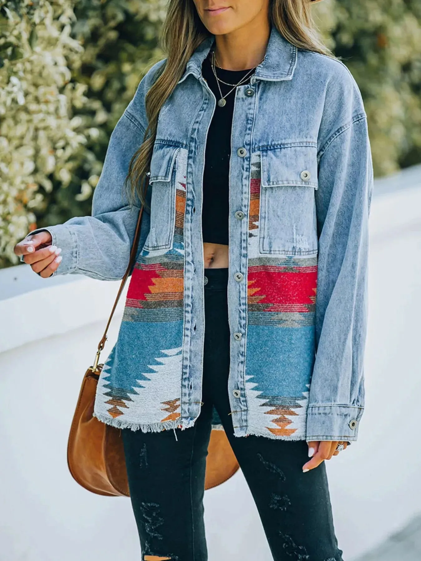Printed Botton Down Long Sleeve Denim Jacket sold by Charming Charlie