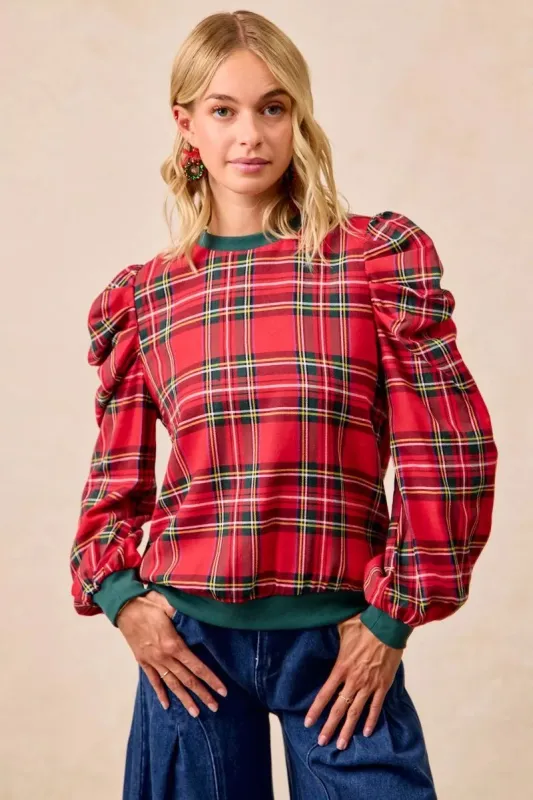 BiBi Christmas Plaid Exaggerated Shoulder Sleeves Top sold by Charming Charlie
