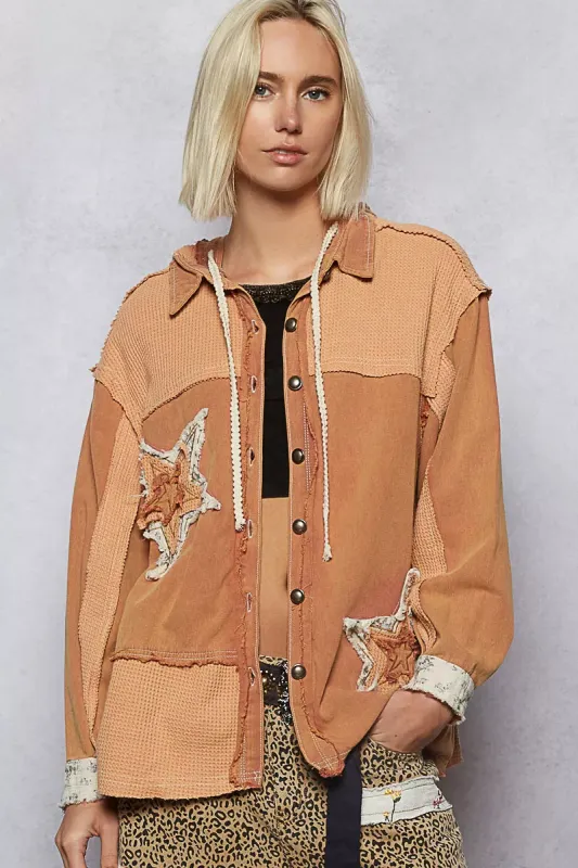 POL Button Down Hooded Jacket with with Star Patch Pattern made by Trendsi