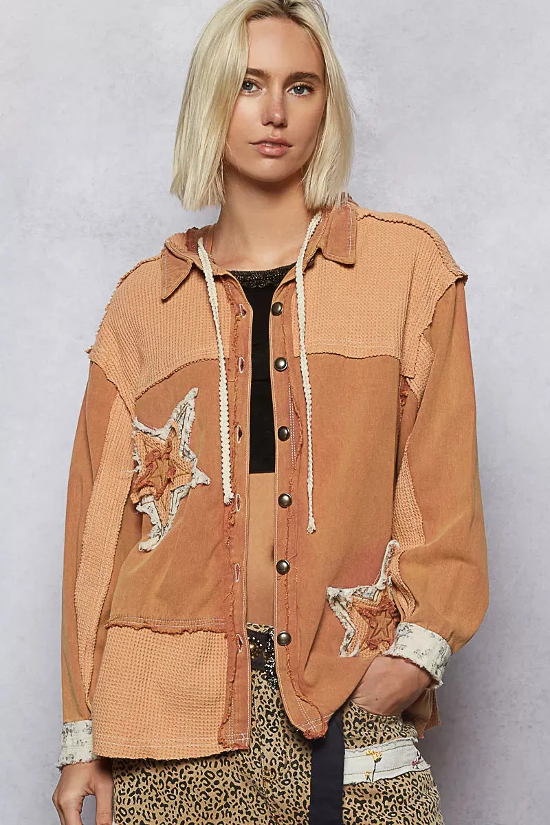 POL Button Down Hooded Jacket with with Star Patch Pattern sold by Charming Charlie