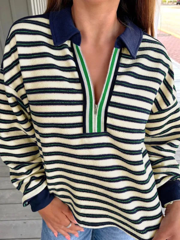 Striped Print Contrast Collar Zip V Neck Long Sleeve Top sold by Charming Charlie